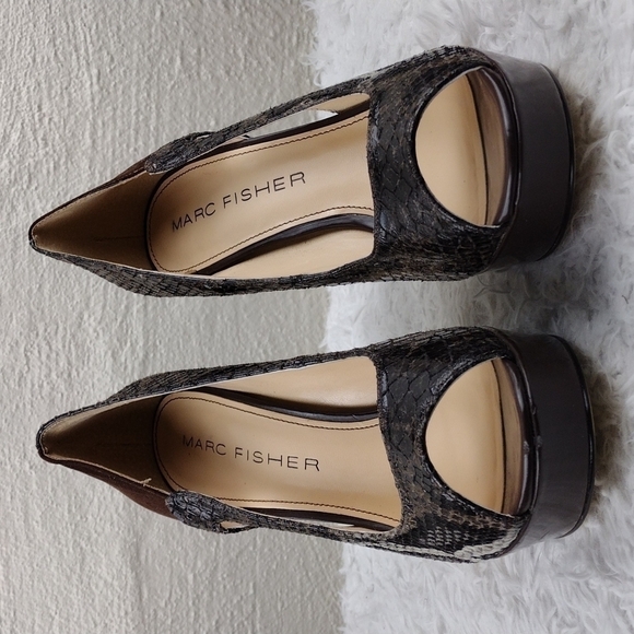 Marc Fisher Tumble Brown Suede Snakeskin Open Toe Slip On Stiletto High Heels - Picture 2 of 16